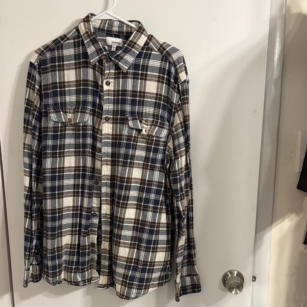 * Sonoma Blue and Brown Plaid Casual Shirt Large Flannel